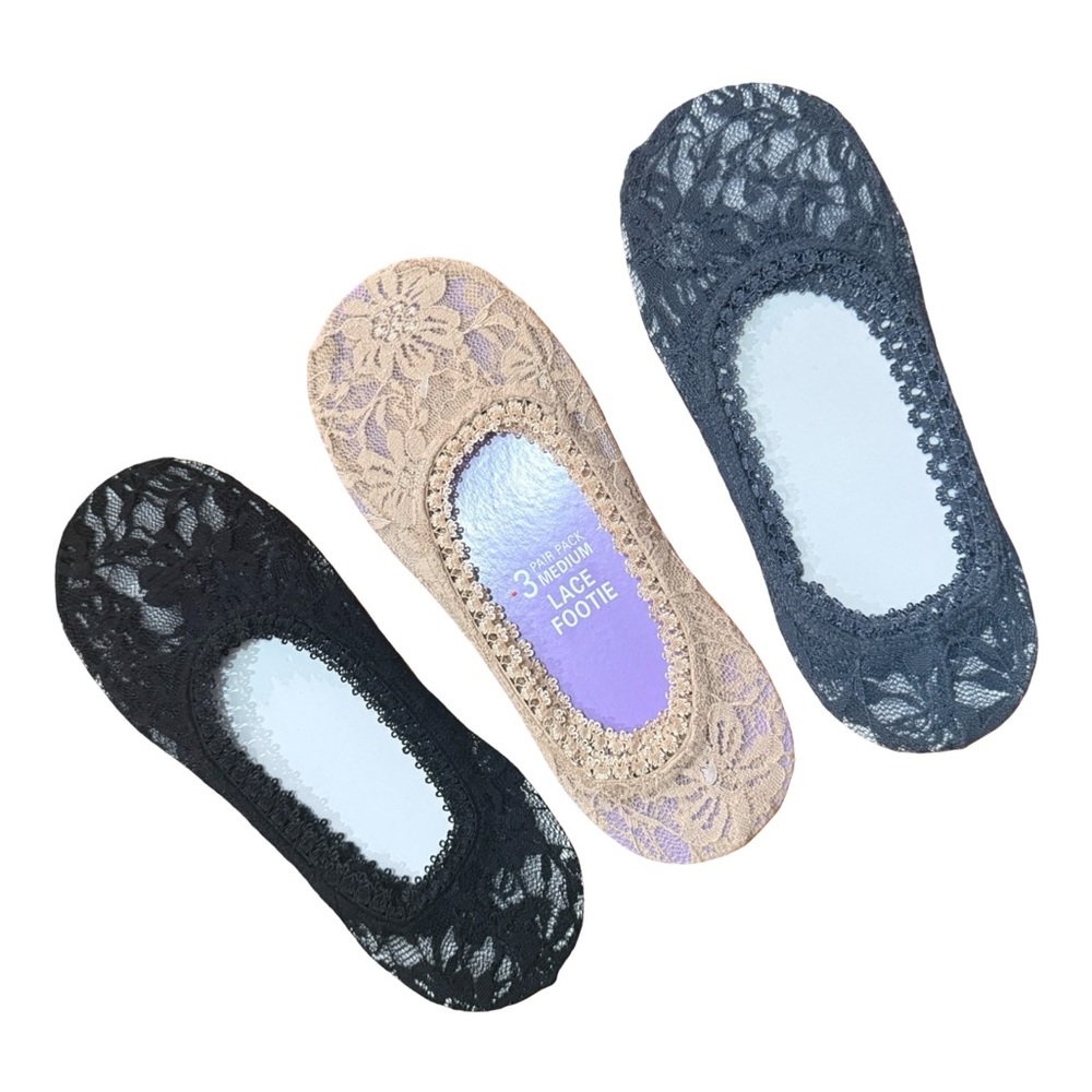 3-pack Medium Lace Footie No-Show Socks Black Cream Gray